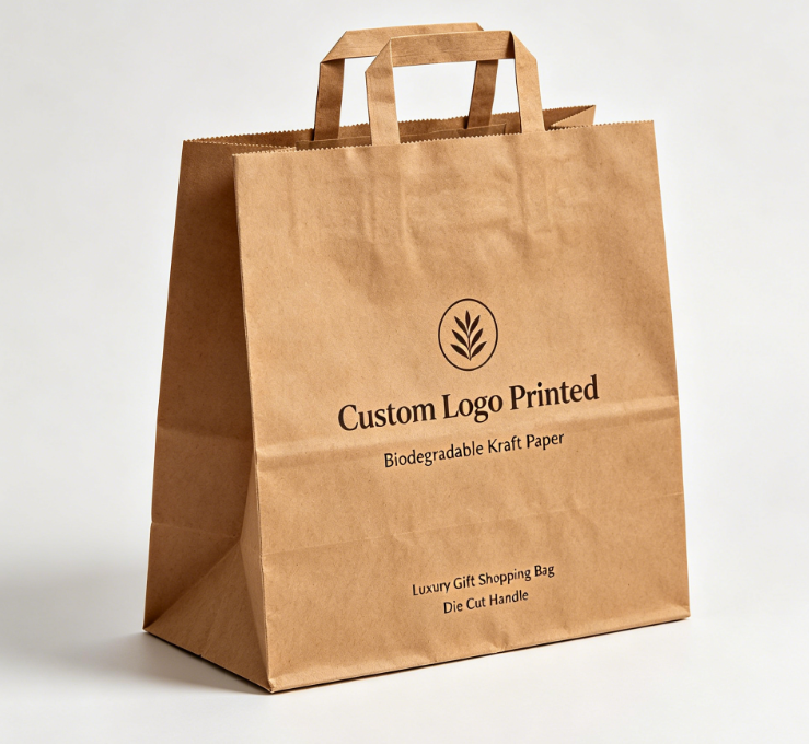 Logo Kustom Tas Belanja Hadiah Kertas Kraft Pegangan Die Cut Biodegradable