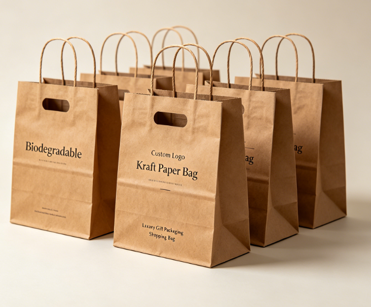 Logo Kustom Tas Belanja Hadiah Kertas Kraft Pegangan Die Cut Biodegradable