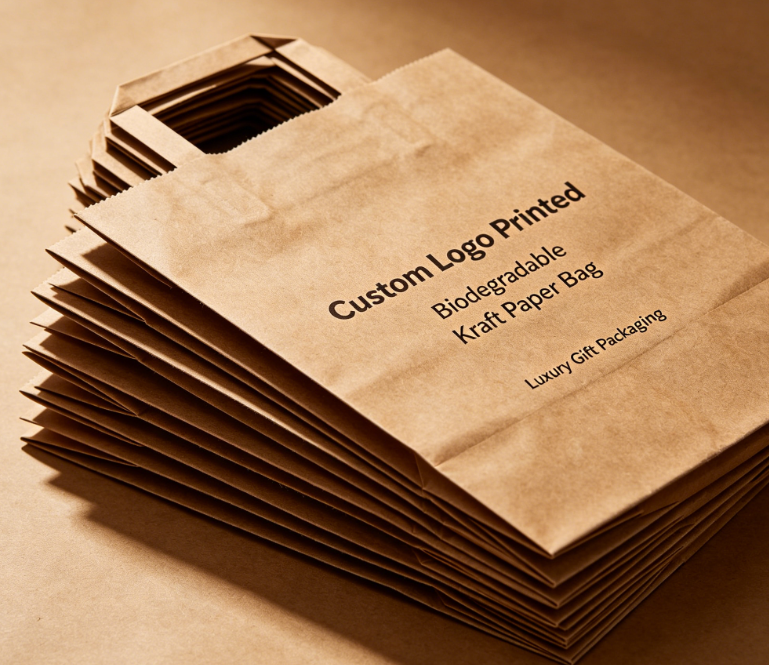 Logo Kustom Tas Belanja Hadiah Kertas Kraft Pegangan Die Cut Biodegradable