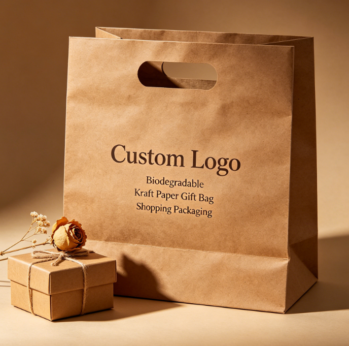 Logo Kustom Tas Belanja Hadiah Kertas Kraft Pegangan Die Cut Biodegradable