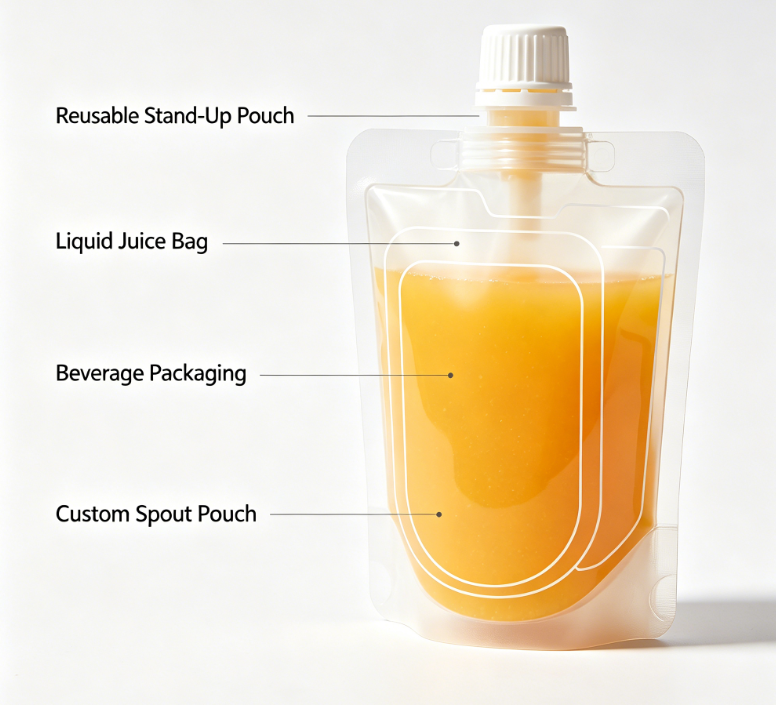 Kantong Cerat Jus Cetak Kustom Tas Cerat Berdiri Minuman Cair yang Dapat Digunakan Kembali