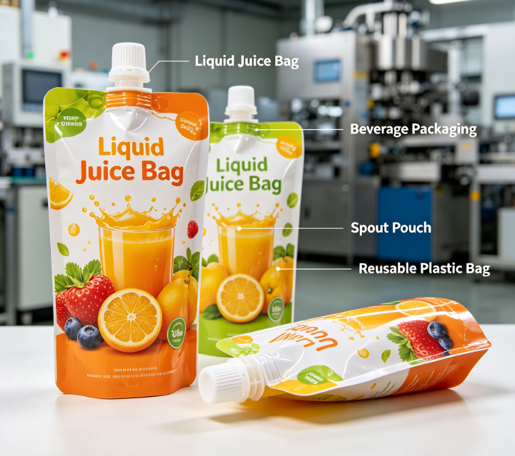 Kantong Cerat Jus Cetak Kustom Tas Cerat Berdiri Minuman Cair yang Dapat Digunakan Kembali