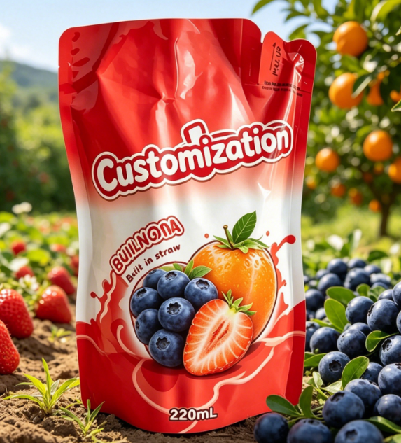 Kantong Jerami Built-in Cetak Kustom 220ml Untuk Minuman Jus Buah Halus