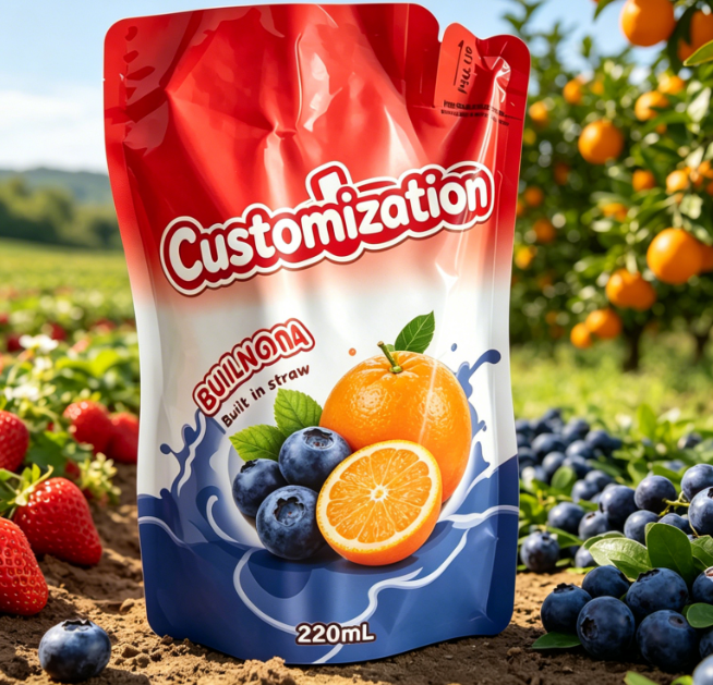 Kantong Jerami Built-in Cetak Kustom 220ml Untuk Minuman Jus Buah Halus