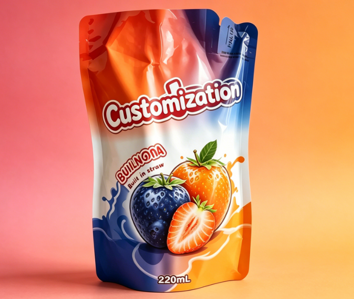 Kantong Jerami Built-in Cetak Kustom 220ml Untuk Minuman Jus Buah Halus