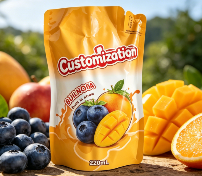 Kantong Jerami Built-in Cetak Kustom 220ml Untuk Minuman Jus Buah Halus