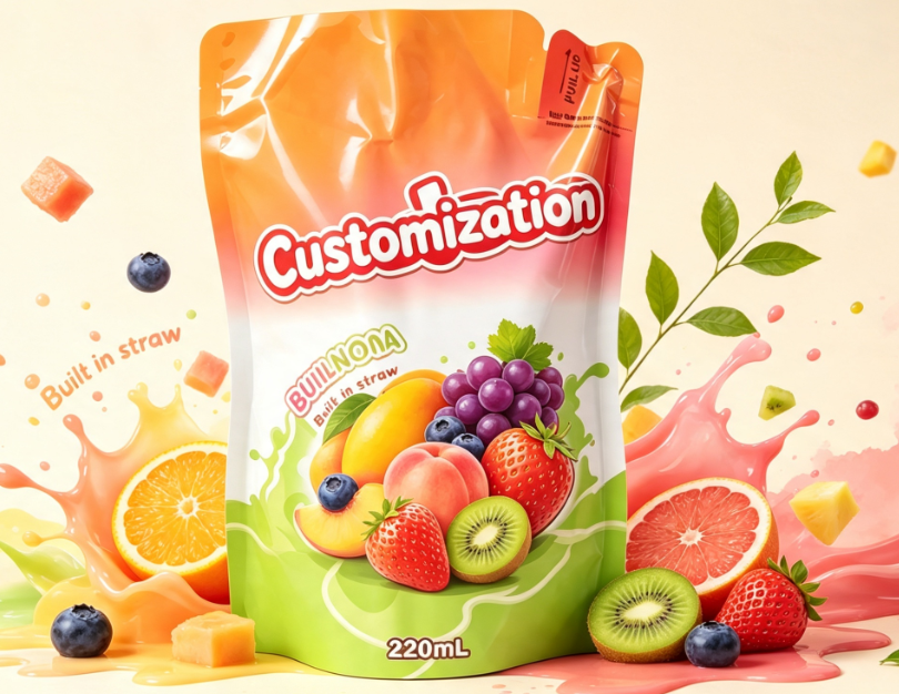 220ml Jus Buah Campuran Kantong Jerami Bawaan Kantong Kemasan Minuman Cetak Kustom